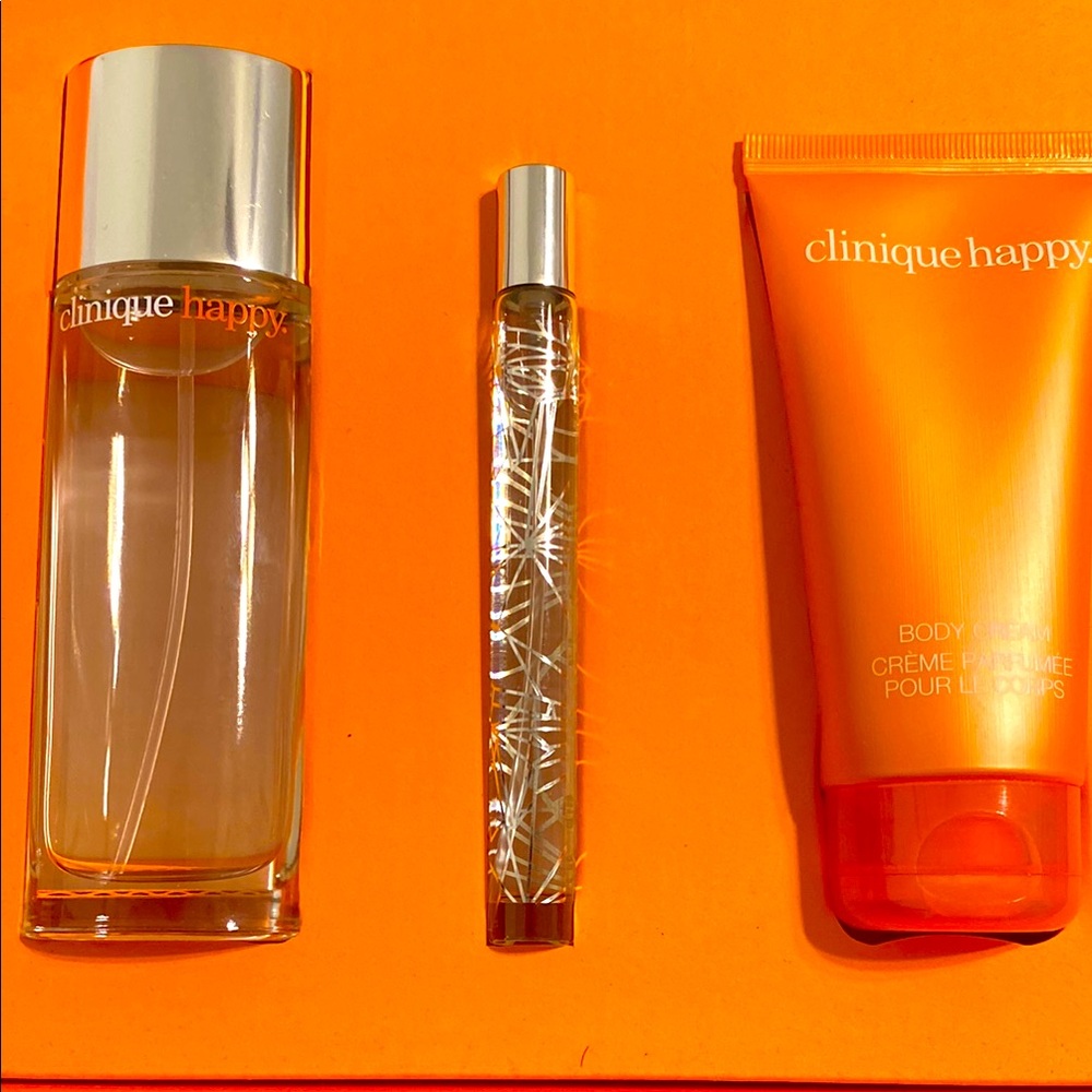 Clinique Happy Perfume and Lotion Trio in Orange and Silver